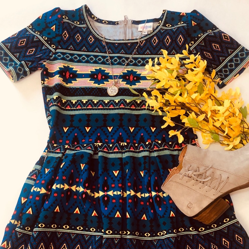 LulaRoe Blue Geometric Amelia Dress - Small (6-8)